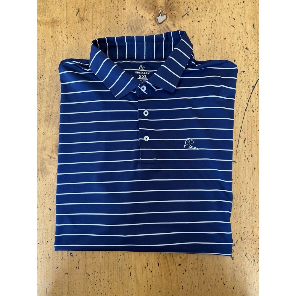 Rhoback Performance Stretch White/Blue Striped Golf Polo Shirt Mens 2XL